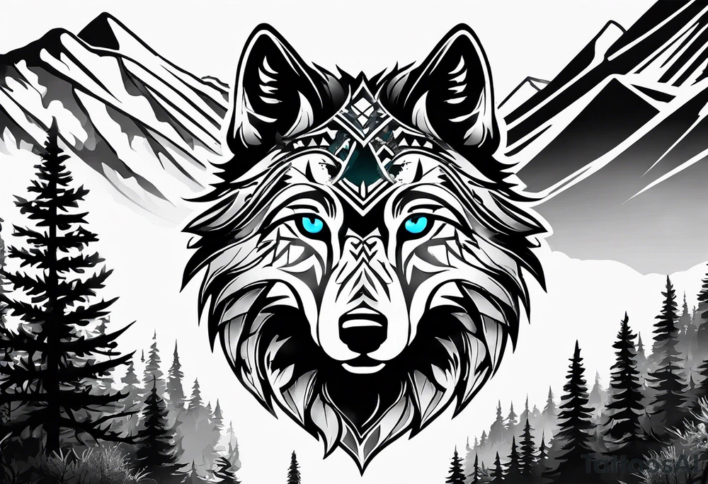 Creative, aesthetic black and white tattoo design for whole wrist which should include camera aspects in style and in an aesthetic manner, half wolf face with blue eyes, rapping elements and adventure elements like mountains,birds,pine trees. tattoo idea