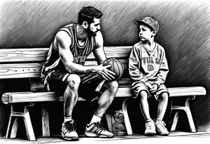 man standing handing a basketball to kid on a bench tattoo idea