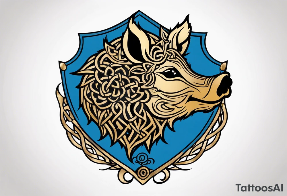 Side profile, Celtic, tribal, wild boar, On a Chatwin family crest with blue background, two gold stars, and a gold Chevron, and a Thistle tattoo idea