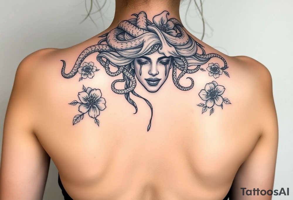 Medusa with tears snakes coming out of hair with flowers and quotes tattoo idea