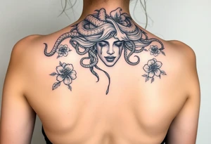 Medusa with tears snakes coming out of hair with flowers and quotes tattoo idea