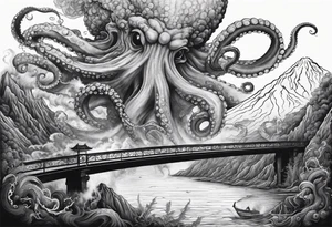 Octopus attacking a bridge with volcano in background erupting tattoo idea