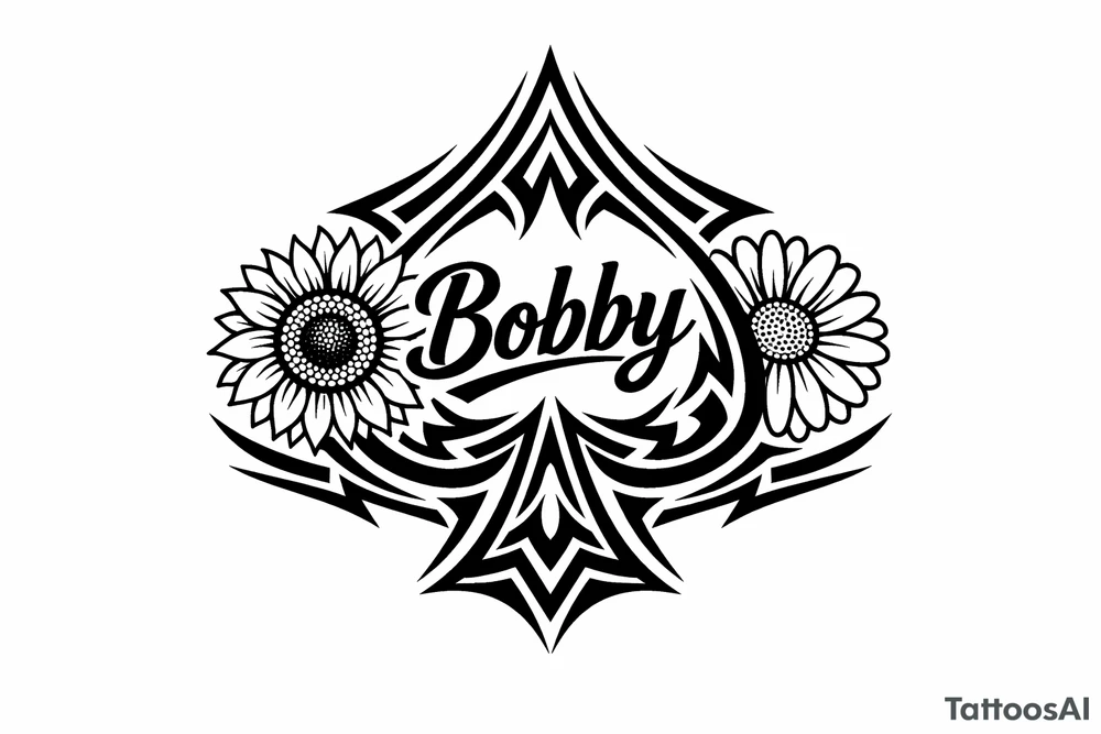 Bobby middle center inside the middle of the spade with a sunflower and a daisy on each side of the spade very super extremely traceable to trace onto notebook paper, very super extremely easy and simple traceable tracing black and white outlining outline coloring pages very super extremely traceable to trace onto notebook paper tattoo idea