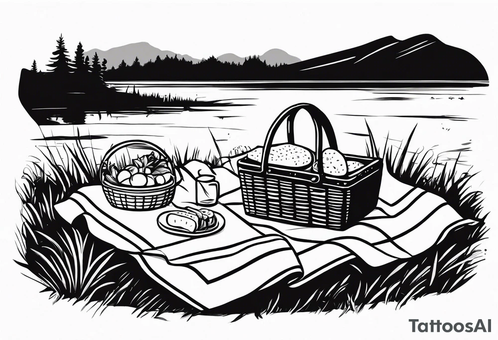 picnic scene in nature with a shecker blanket, a picnic basket and pillows. no food tattoo idea