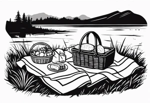 picnic scene in nature with a shecker blanket, a picnic basket and pillows. no food tattoo idea