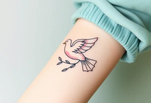 A delicate dove with outstretched wings, in soft white and gentle silver tones, carrying an olive branch tattoo idea