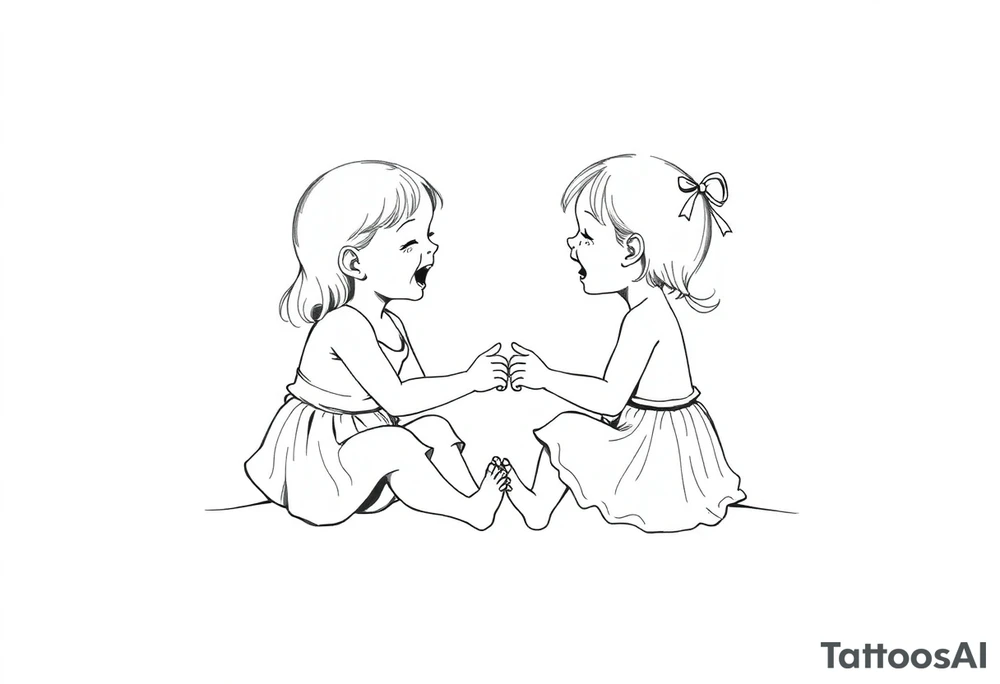 Zwei lachende kleine mädchen sitzen sich gegenüber eine hat einen Dutt die andere einen Zopf und sie berühren sich an den Fußsohlen seitenansicht tattoo idea
