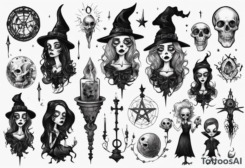 a Tim Burton-style witch necromancer tattoo idea