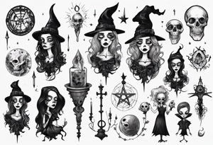 a Tim Burton-style witch necromancer tattoo idea