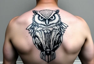 Fierce owl with yosemite falls background in the tummy of the owl black fine line tattoo tattoo idea