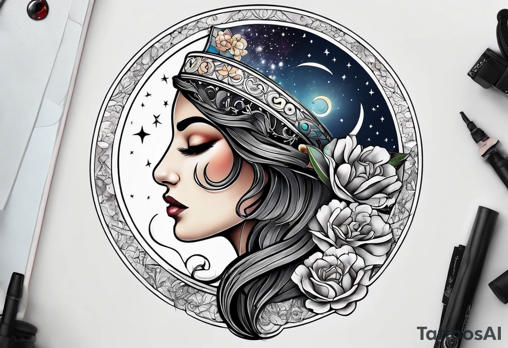 Half moon with beautiful zodiac background tattoo idea