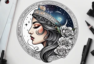 Half moon with beautiful zodiac background tattoo idea
