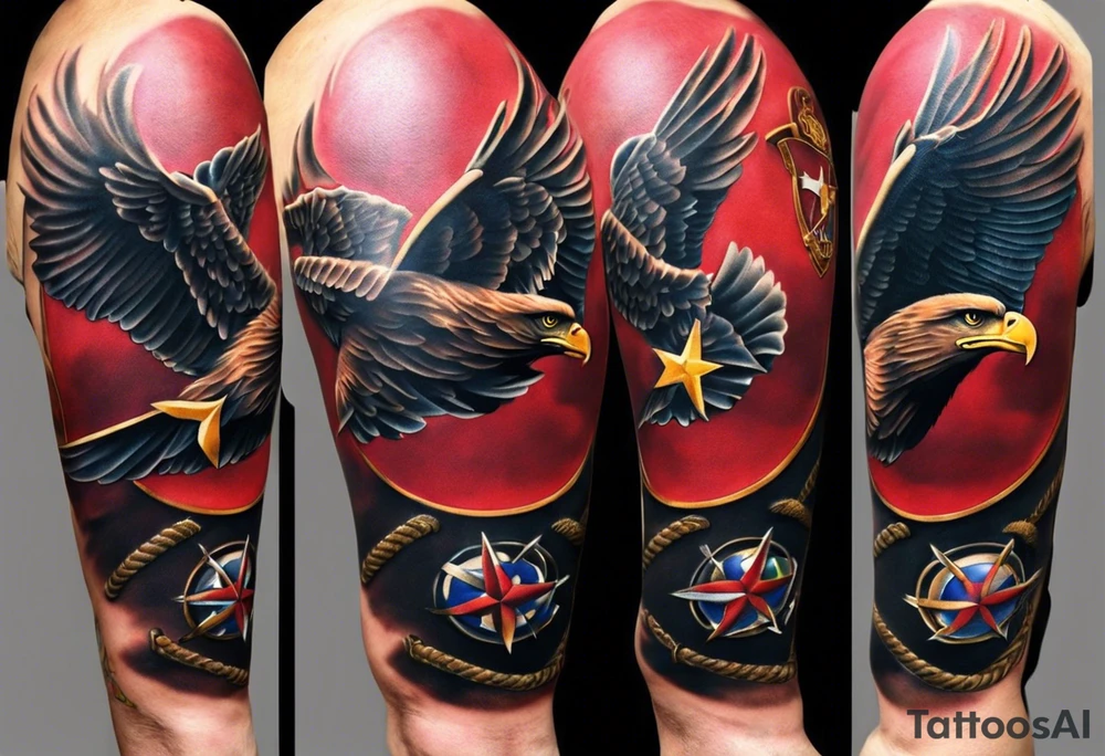 A Marine Corps sleeve tattoo with a memorial theme typically incorporates elements that honor fallen comrades or signify remembrance. Here’s a detailed description:

The tattoo begins at the shoulder, where the Marine Corps emblem, the eagle, globe, and anchor, is prominently displayed. The eagle is tattoo idea