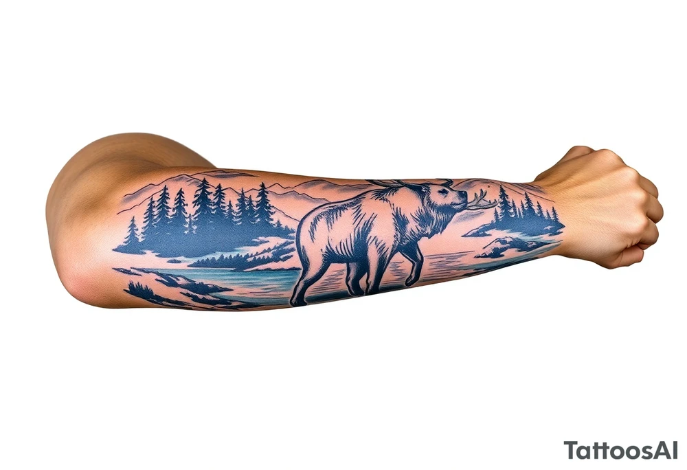 A full-sleeve with the Härjedalen landscape, reindeer, bear, lakes, tattoo idea