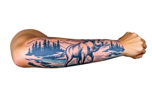 A full-sleeve with the Härjedalen landscape, reindeer, bear, lakes, tattoo idea