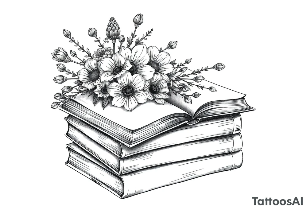 stack of 3 vintage books top book open with bouquet of different kinds of wild 
flowers coming out of it tattoo idea