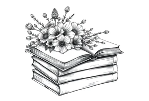 stack of 3 vintage books top book open with bouquet of different kinds of wild 
flowers coming out of it tattoo idea