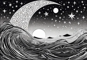 mezcla de sol luna y mar con estrellas brillantes, sin bordes, sencillo, minimalista, que se pueda dibujar todo con un solo trazo tattoo idea