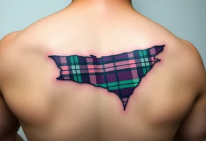 Dark Purple with green pink blue and white highlights tartan fabric on arm with skin ripping away at edges tattoo idea