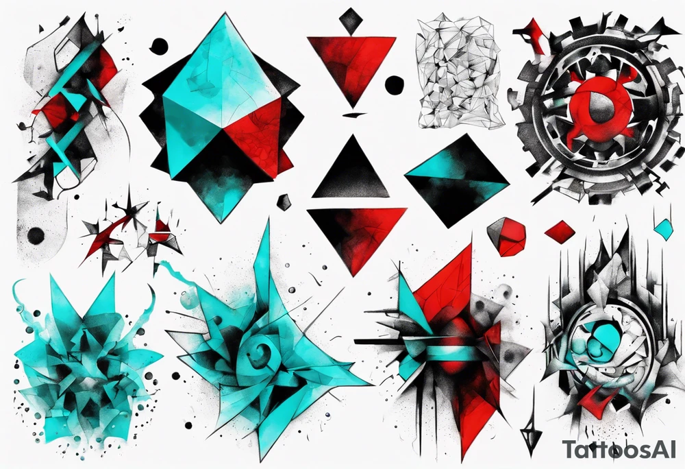 Modern and futuristic, protest, black, red and cyan, acquarel, abstract, geometric, fractal chaos tattoo idea