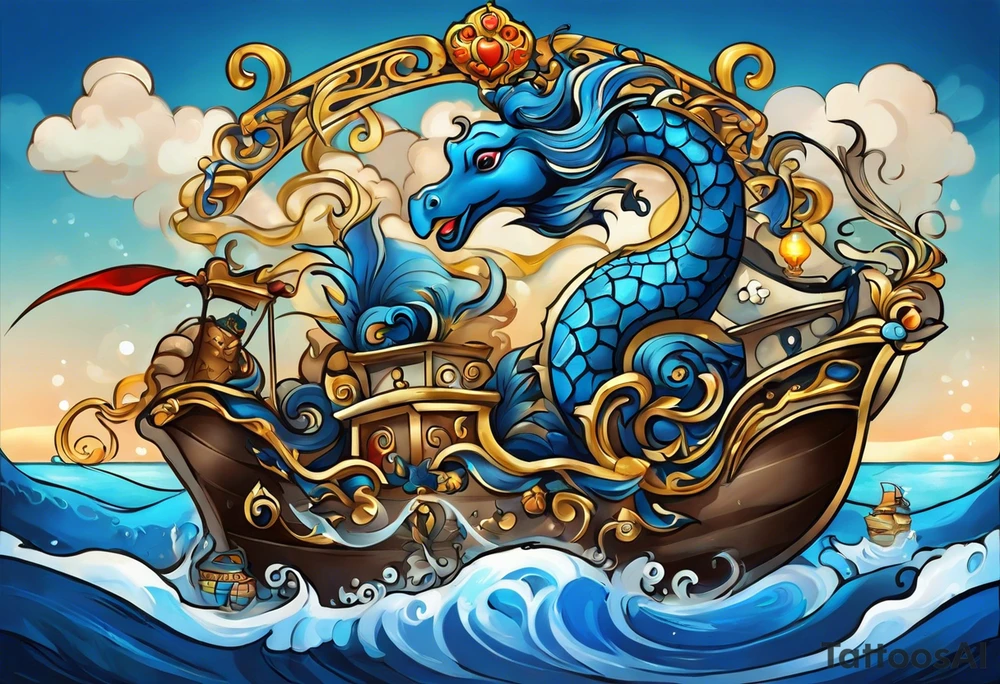 the tatto will be large in the middle there are sea horses pulling a chariot. on the upper right is a blue nose and a rock sourrounded by water, on the upper left is a turtle with a golden shell and on the bottom is a ribbon with a sparrow on each side holding it up tattoo idea