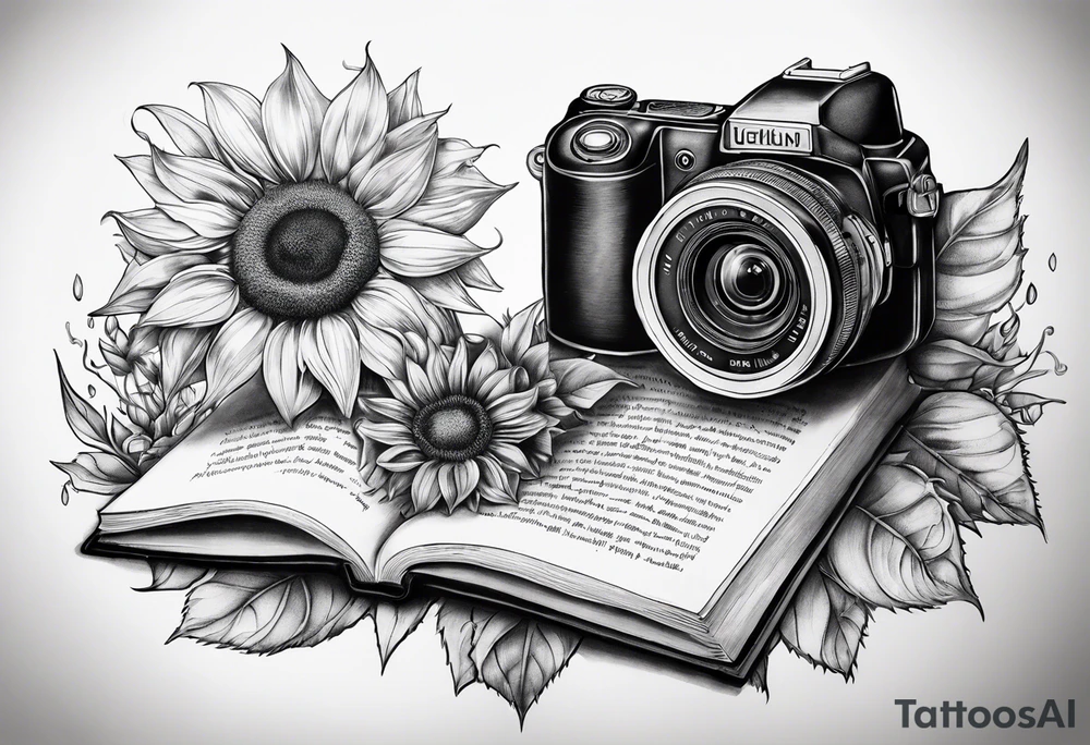 sunflower, book, camera, fish tattoo idea