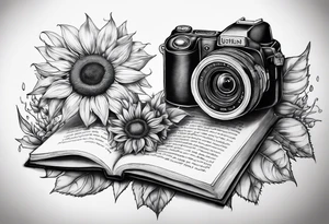 sunflower, book, camera, fish tattoo idea