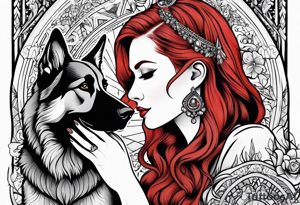 red hair woman with German shepherd dog tattoo idea