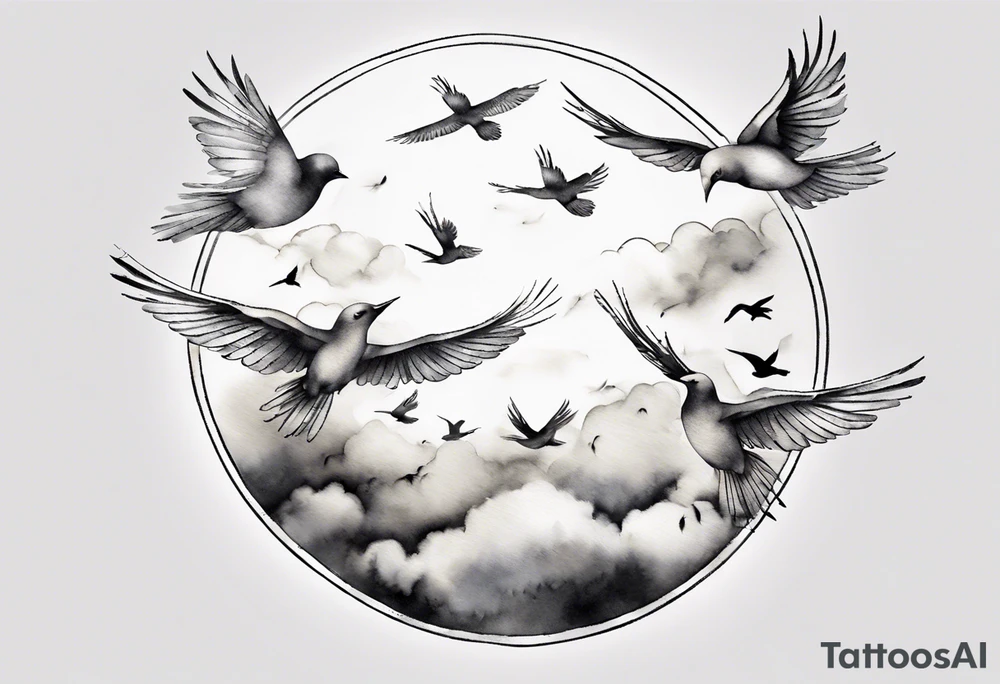 shoulder tattoo with light rays with birds flying free among the clouds, round shape, 3d effect tattoo idea