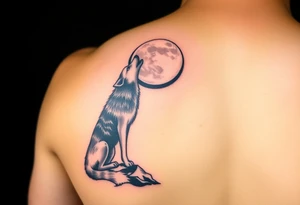 lone wolf howling at full moon with northern lights backdrop tattoo idea