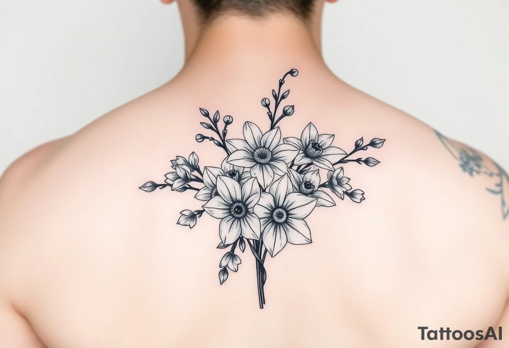 bouquet of daffodils, daisies, lily of the valley tattoo idea