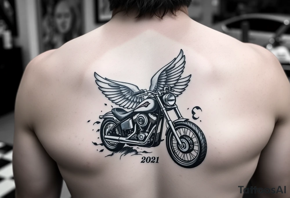 Dale Earnhardt car on it with the year 1958 - 2021 intertwined with a motorcycle with a Budweiser logo on it with a guardian angel wolf tattoo idea