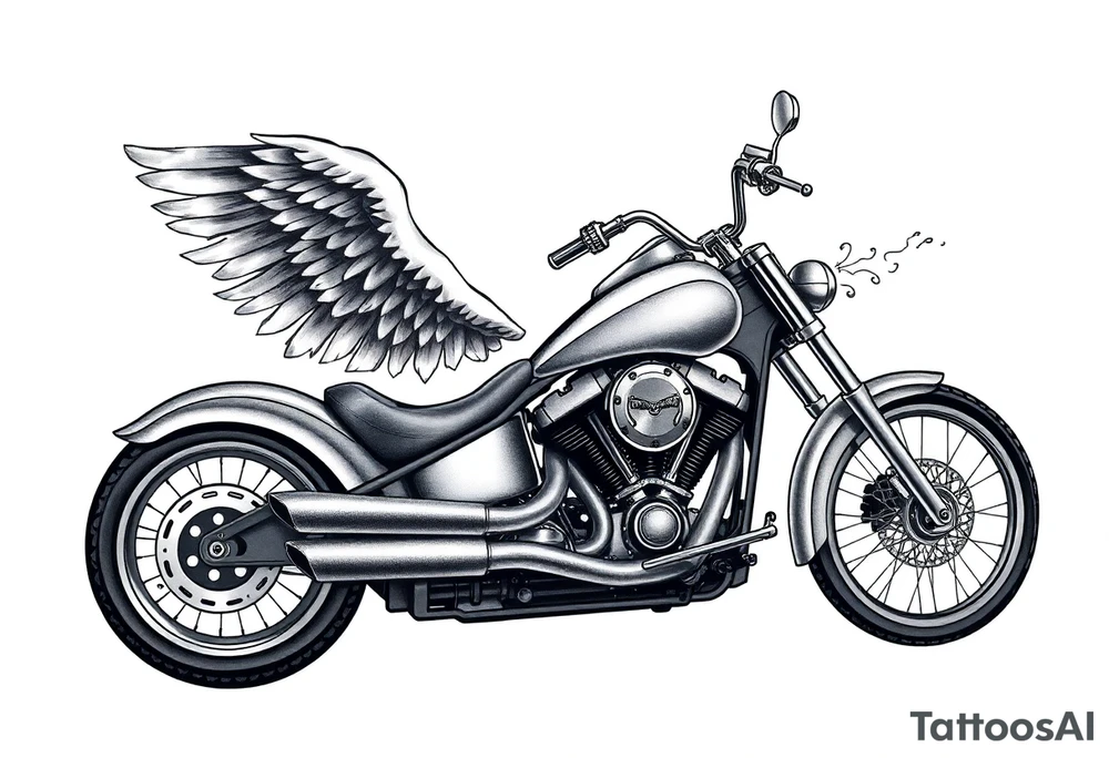 Low rider grey motorcycle, big muffler pipes with flames, angel wings, driving away, no person tattoo idea