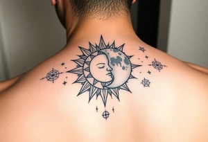 celestial sun and moon embrace with constellation patterns tattoo idea