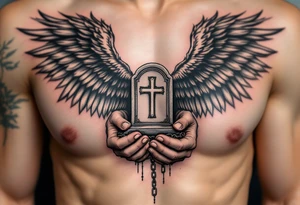 Angel hold headstone in hands with a cross chain hanging down with large wings tattoo idea