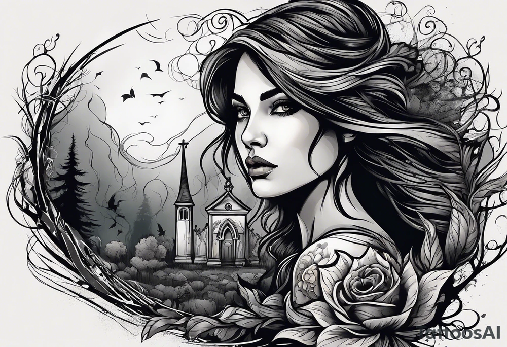 Courageous Woman with a tear running down her face walking out of a graveyard  leaving her old terrifying, scary, violent past behind her ethereal and mysterious tattoo idea