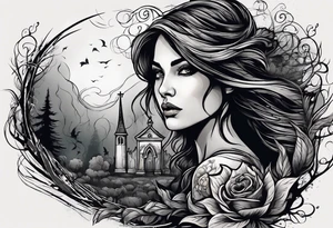 Courageous Woman with a tear running down her face walking out of a graveyard  leaving her old terrifying, scary, violent past behind her ethereal and mysterious tattoo idea