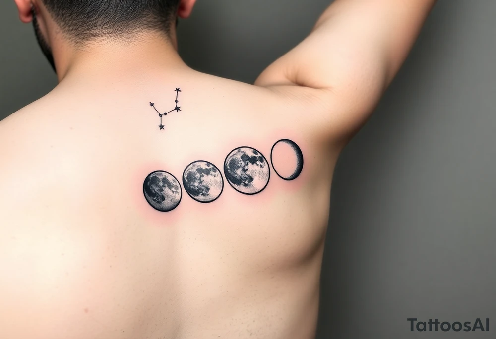 5 moon phases going vertical for a forearm in this order waxing crescent, third quarter phase, full moon, first quarter phase, third quarter phase with the Capricorn constellation without connecting lines just the stars behind it tattoo idea