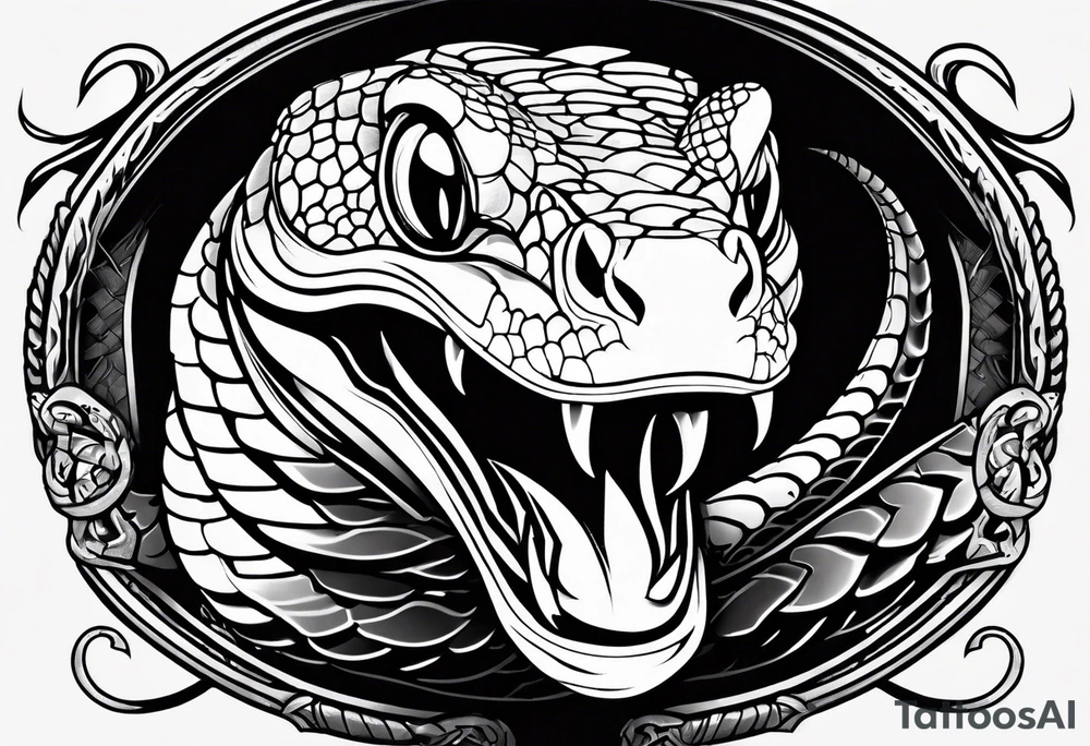 Copperhead with just the head turned up and mouth open, two fangs, black and white drawing with copper colored eye tattoo idea