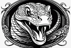 Copperhead with just the head turned up and mouth open, two fangs, black and white drawing with copper colored eye tattoo idea