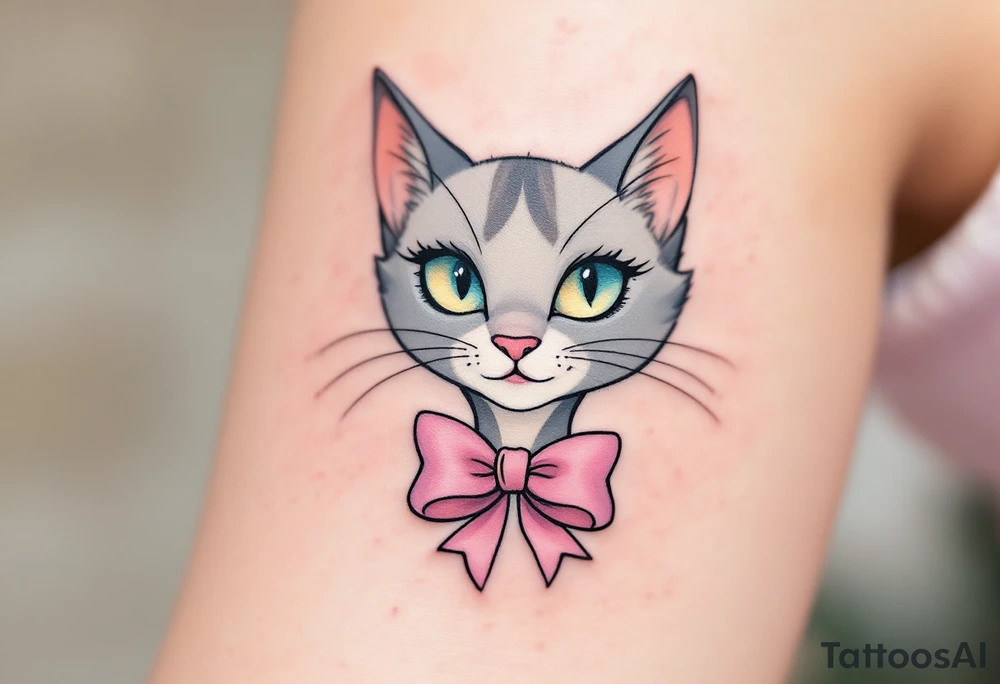A delicate pastel tattoo of Marie with pink bow under neck from The Aristocats adds a touch of feline elegance. tattoo idea