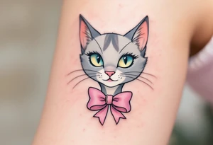 A delicate pastel tattoo of Marie with pink bow under neck from The Aristocats adds a touch of feline elegance. tattoo idea