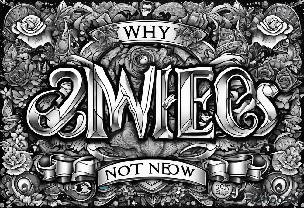 The words, "Why Not Now", written in pixelated letters and surrounded by video game characters. tattoo idea