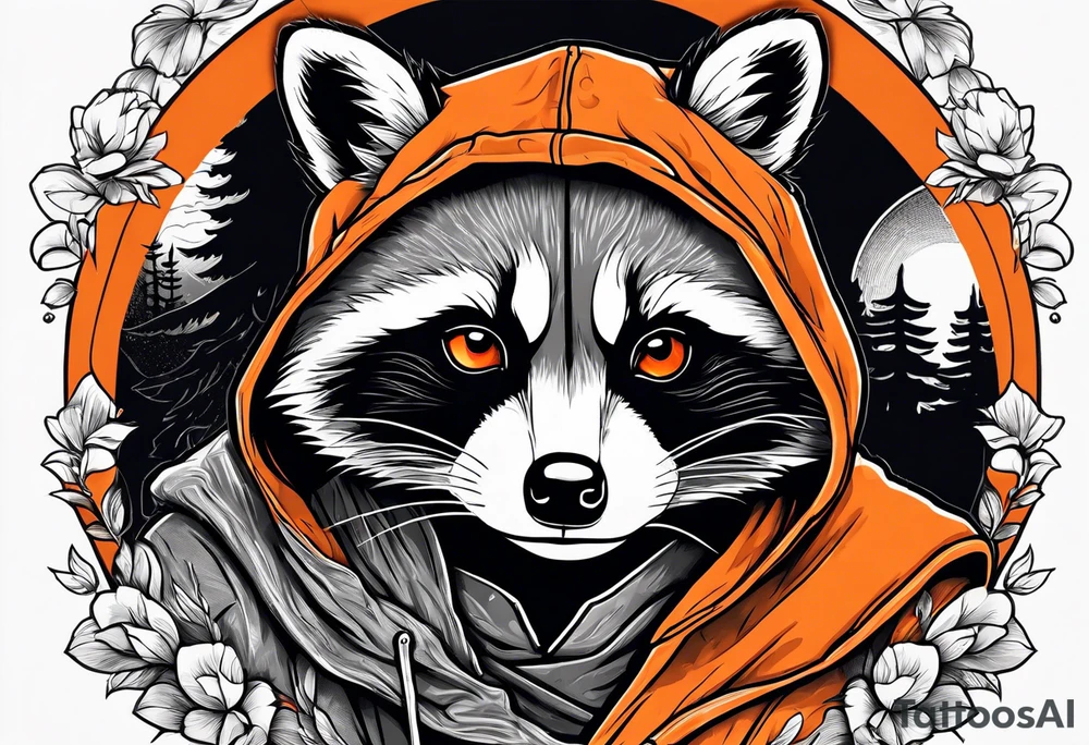 Raccoon wearing an orange Superman hoodie tattoo idea