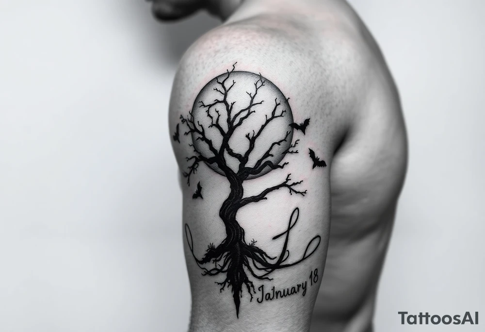 An ankh, January 18 in Roman numerals, a poison tree silhouette with a moon behind and bat silhouettes, the name Leah tattoo idea