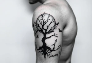 An ankh, January 18 in Roman numerals, a poison tree silhouette with a moon behind and bat silhouettes, the name Leah tattoo idea