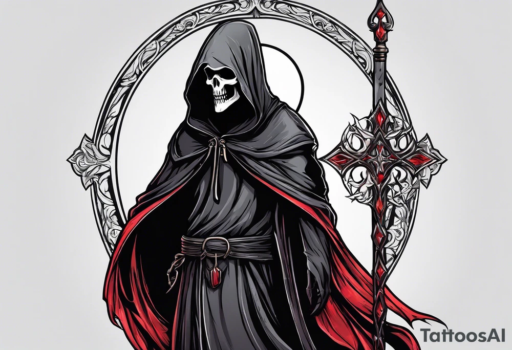 A full body grim reaper with his hood completely off, a halo above his head. tattoo idea
