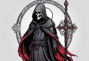 A full body grim reaper with his hood completely off, a halo above his head. tattoo idea