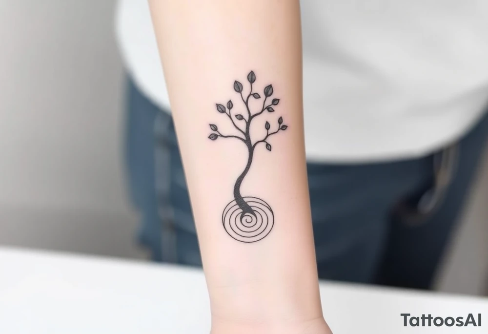 A tree with few leaves, with an outward  spiral as its roots, encircling the entire tree tattoo idea