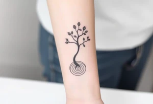 A tree with few leaves, with an outward  spiral as its roots, encircling the entire tree tattoo idea